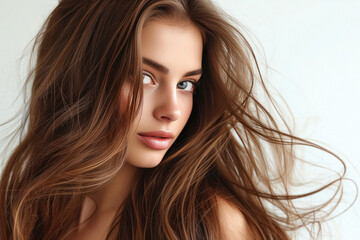 Naklejka premium shiny brown and long hair of beautiful woman