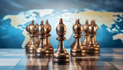 A chessboard against the background is an image of a card, with one chess piece located in the center and the rest of the pieces standing behind it.