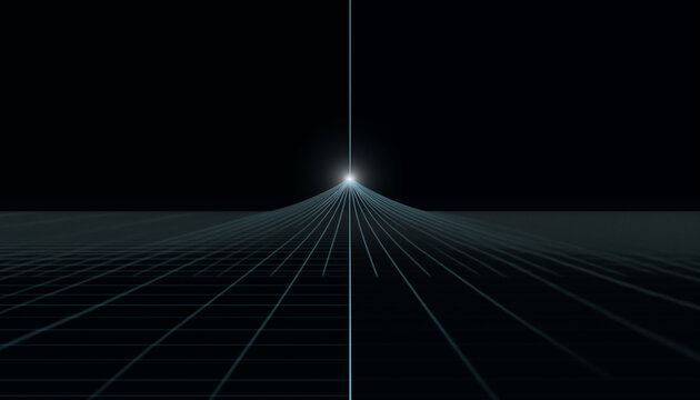 A minimalist abstract background with lines of light that converge at one point, form a bright flash and continue upward in one line.