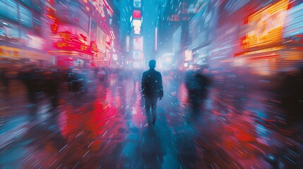 a guy walking in the middle of a neon city