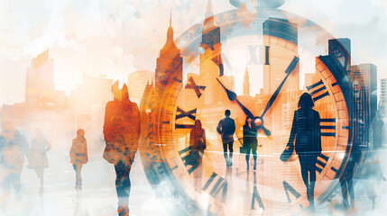 Watercolor painting of people walking overlay with time clock,Time management and business planning concept