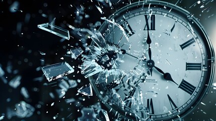 a dramatic image of a clock with shattered glass, symbolizing the breaking of time constraints.
