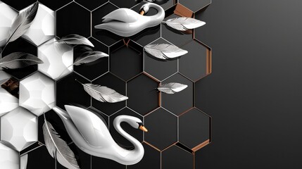 Contemporary hexagonal pattern with glossy swan feather elements on a dark background.