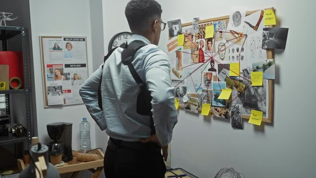 Young man in office analyzing investigation board with photos and notes on criminal case.