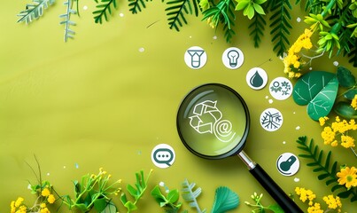 A magnifying glass on a green background with eco icons and a CO2 symbol, depicting the concept of sustainable development. Icons are in the style of various artists.