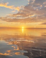Fototapeta premium Peaceful sunrise timelapse over a calm ocean, the horizon glowing warmly as the sun rises, reflections shimmering on the water, with gentle, calming music