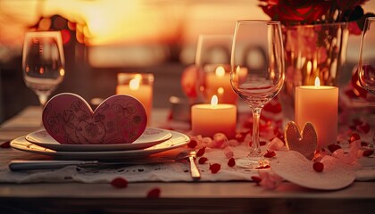 A table adorned with heart-shaped plates and candles creating a romantic ambiance