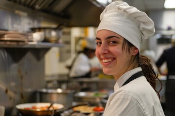 Chef smiling as she cooks