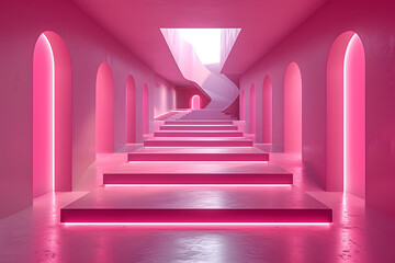 Futuristic pink corridor with geometric shapes and neon lighting. Modern architectural design. Design for poster, wallpaper