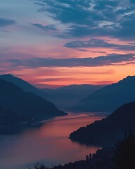Fototapeta premium Timelapse video of a serene sunrise over a tranquil mountain range, the sky gradually lighting up with hues of orange and pink, accompanied by soothing ambient music