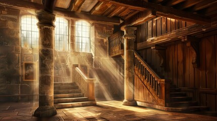 Interior of medieval wooden hall with stairs and columns. Sunlight from window over castle tower panorama. Mystery fairytale indoor location with horizontal staircase. - obrazy, fototapety, plakaty