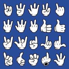 Obraz premium Set of cartoon hands in gloves. Retro style mascot hands. Rubber hose style hands. Vector illustration