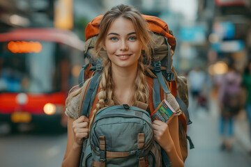 Fototapeta premium Sustainable transport, Sustainable tourism reduce global warming and save costs, Travel using buses and walking, American female tourist carrying a travel backpack, walking on the road