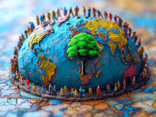 tree decorate on world map which have people model stand around , save world concept