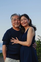 Obraz premium An older couple standing close together and hugging each other. Fictional Character Created By Generative AI. 