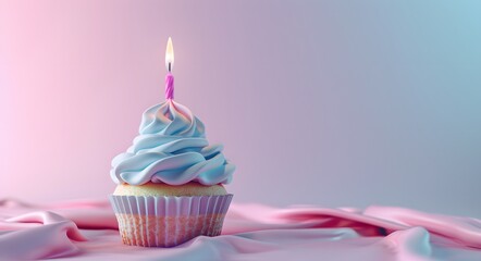 Beautiful birthday cupcake with a burning candle on a pastel background. Birthday concept. Banner with space for text, copy space, 3D rendering in the style of 20k, HDR.