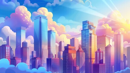Modern illustration of a skyscraper building in a city scene. Skyline and clouds in the background with modern high rise business building construction. Condo building in a downtown district in a