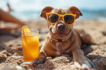 Dog in sunglasses chilling on sea, summer, created with Generative AI technology