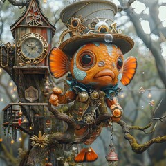 Fototapeta premium Clownfish in Whimsical Hyper Detailed Treehouse with Ornate Pocket Watch