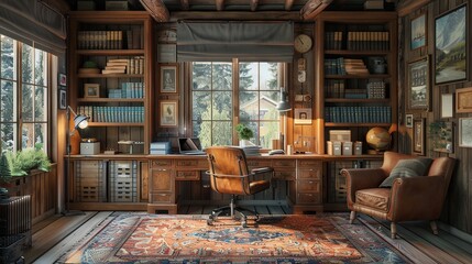 Cozy Rustic Cottage Home Office Workspace with Wooden Furnishings and Shelves