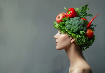 Fresh vegetables in woman's head symbolize health on gray background; health in your brain