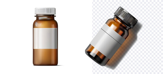 Realistic Pharmaceutical Bottle Mockup with Blank Label. High-resolution stock image features two amber glass bottles with blank labels, perfect for pharmaceutical packaging mockups. Vector