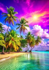 topical lonely island palm trees vibrant colors abstract backgrounds sandy beach 