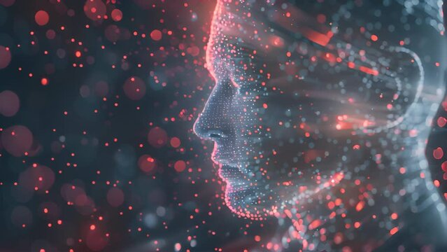 Digital human profile in a matrix of blue and red data points