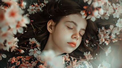 Young beauty sleeping in white flowers youth and beauty breeziness skincare concept