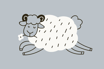 Happy sheep running and jumping in country, doodle Scandinavian style. Cute farm animal with flower, adorable funny ewe enjoying summer. Kids childrens rural flat vector illustration