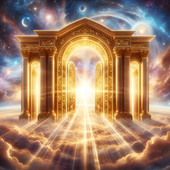 beautiful heavenly paradise cloudscape entering the pearly golden gates of heaven staircase to heaven castle in the sky