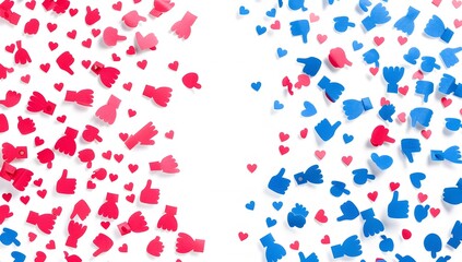 Create an illustration of scattered red and blue thumbsup icons on white background, representing social media lovers like facebook or Instagram