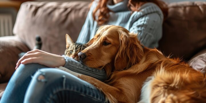 A woman is sitting on a couch with a cat and a golden retriever dog. The dog has its head in the woman's lap and the cat is sitting on the woman's other leg. The woman is wearing a blue sweater and