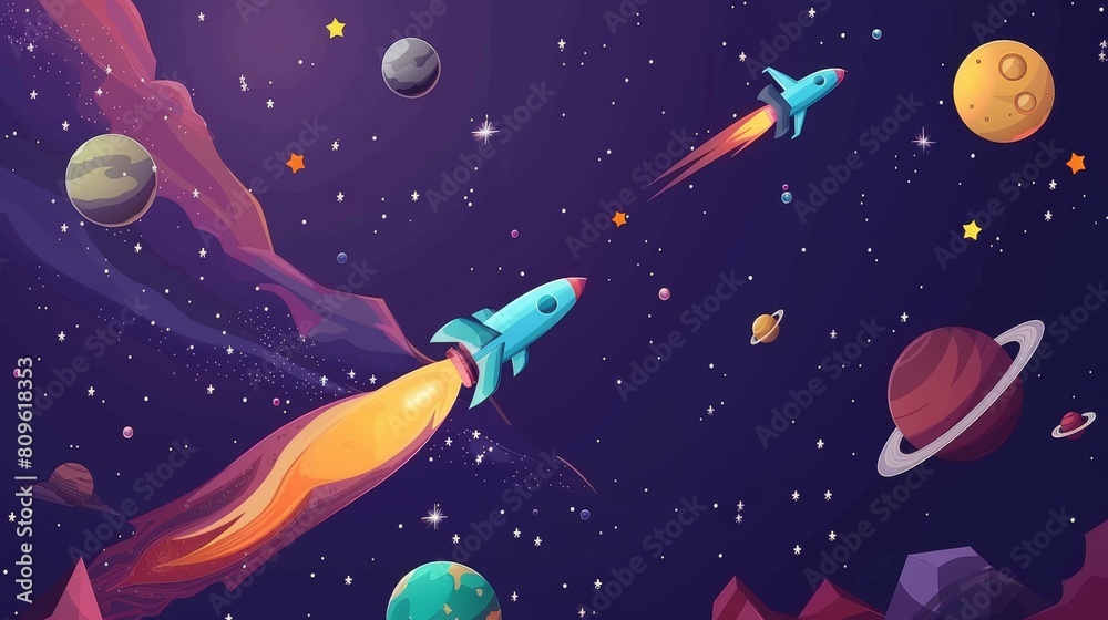 Wall mural modern illustration of a galaxy background with a spaceship and planet. starry outer fantasy cosmic 