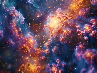 Fototapeta premium Glowing Celestial Fractal Patterns of Cosmic Energy and Stardust Swirling in a Surreal Dreamlike Arrangement of Vibrant Psychedelic Digital Art