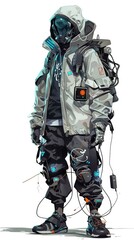 Hacker in Futuristic Gear with Motion and Action on White Background