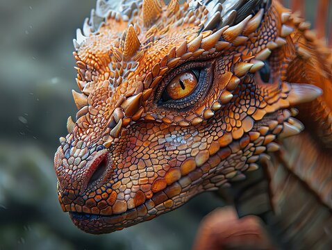 Highly Detailed Close Up of a Vibrant Reptilian Creature with Intricate Scales and Striking Orange in a Natural Environment