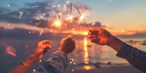 A beautiful moment shared with sparklers on a beach as the sun sets, creating a warm intimate atmosphere