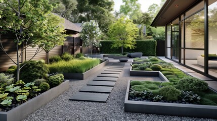Backyard of a craftsman house with a minimalist garden design, characterized by structured plant areas and paths.