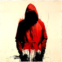Grunge Art of an Isolated Person With Their Face Concealed in Shadow Wearing a Red Hoodie