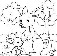 Cute kawaii kangaroo and baby cartoon character coloring page vector illustration. Wild animal, mothers day colouring page for kids