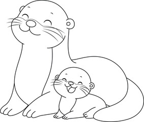 Cute kawaii otter and baby cartoon character coloring page vector illustration. Wild animal, mothers day colouring page for kids