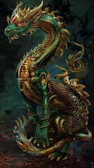Majestic Steampunk Thai Dragon Ornately Patterned Mythical Serpent in Graceful Pose