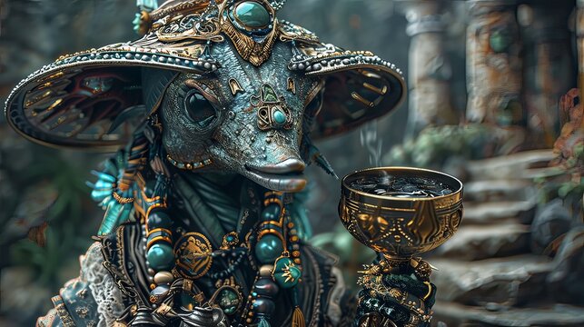 Mystical Neon Seahorse Conquistadors Holding Ornate Jeweled Chalice in Ancient Ruins
