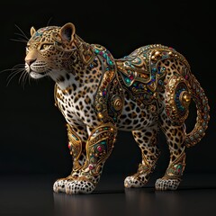 Ornate Thai Inspired Leopard with Intricately Patterned Gold and Jewel Toned Fur in a Graceful Powerful Pose