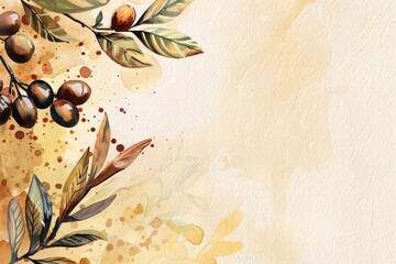 Artistic Watercolor Illustration of Coffee Beans and Leaves on a Textured Canvas.