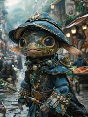 Obraz premium Ornately Attired Angelfish Holding Quill in Bustling Marketplace Scene