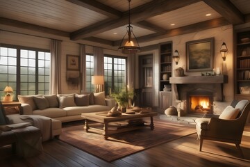Experience the charm of a modern farmhouse living room, with rustic details, warm lighting, and intricate woodworking accents, portrayed in a cinematic digital painting. A masterpiece.