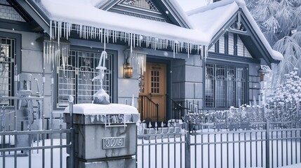Winter's touch at a craftsman house in slate grey, snow and icicles decorating the scene.