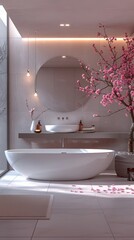 Refined Bathroom Oasis with Freestanding Tub Sleek Vanity and Minimalist Zen Decor